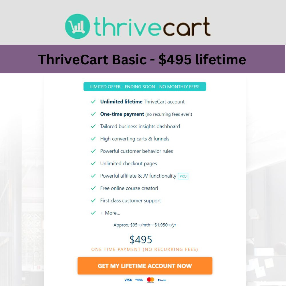 ThriveCart Basic - $495 lifetime-list showing the advantages of ThriveCart.